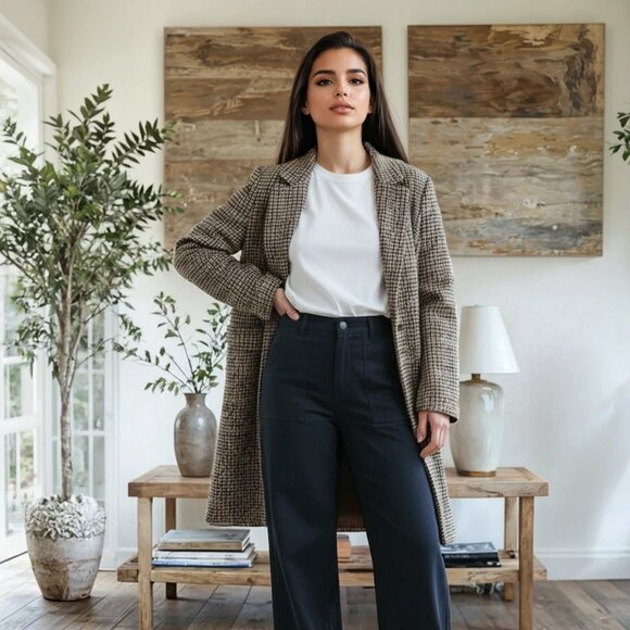 Jules & Leopold Long Oversized One Button Houndstooth Blazer | Cream Black Gold - Picture 1 of 3